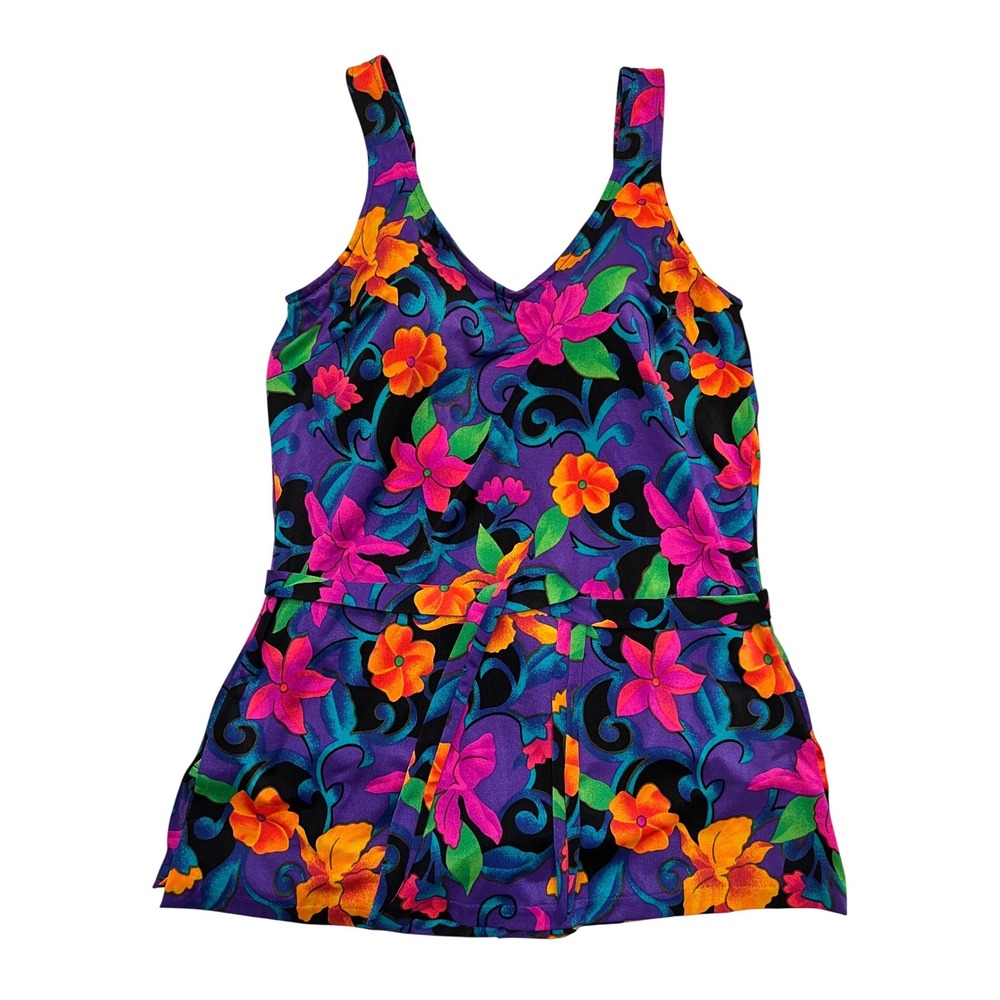 Vintage Maxine of Hollywood Tropical Floral One Piece Swim Dress Size 14/16